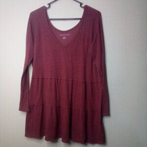 American Eagle Blouse L Women Long Sleeve Ruffle Baby Doll V-Neck Red Maroon